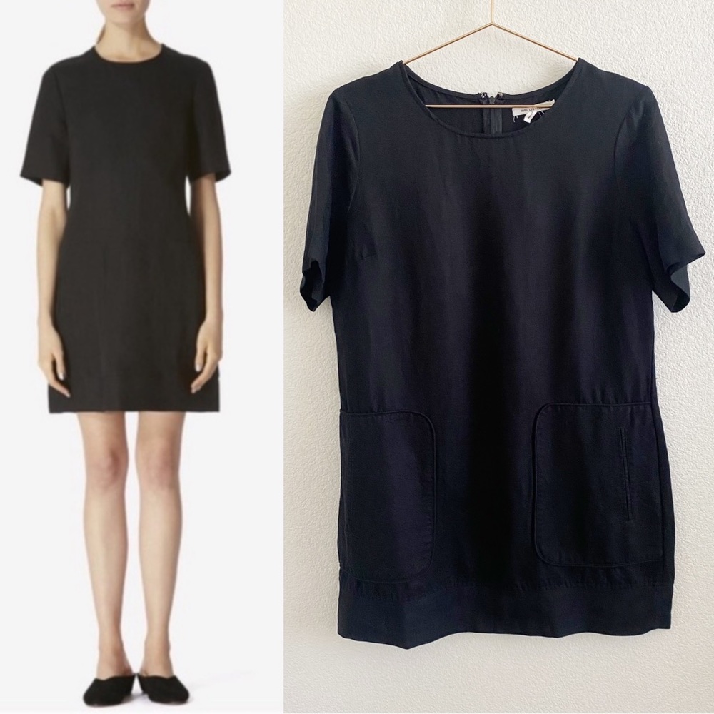 Avec Les Filles Rosalyn Linen Blend Shift Mini Dress Pockets Black Large